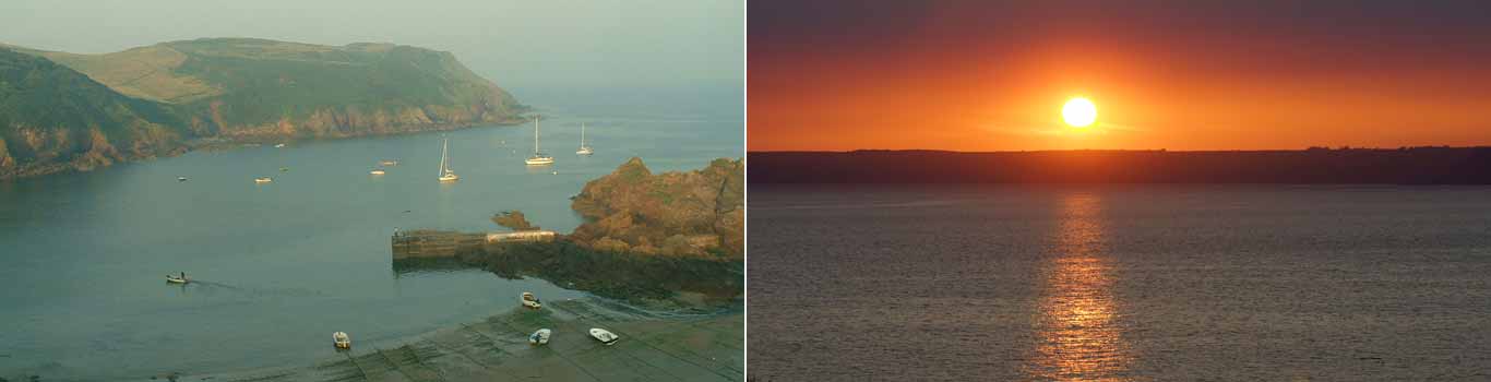 Photographs of a misty morning in Hope Cove and a sunset